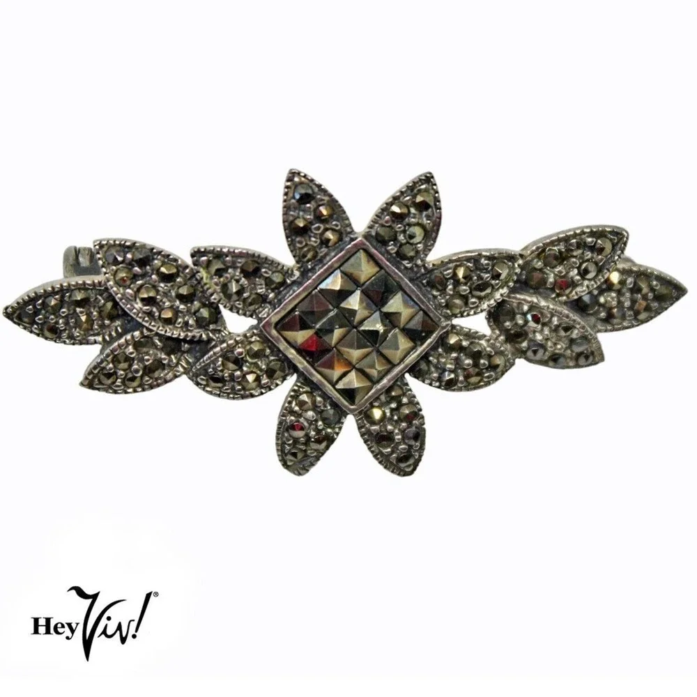 Vintage Marcasite Pin Brooch Deco Style Floral Leaf Motif 2.25